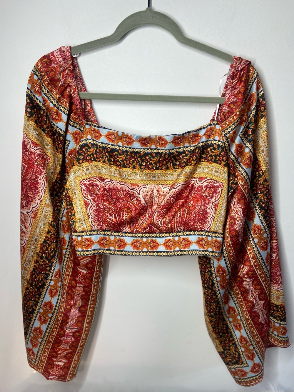 Boho Paisley Red & Gold Long Sleeve Crop Top